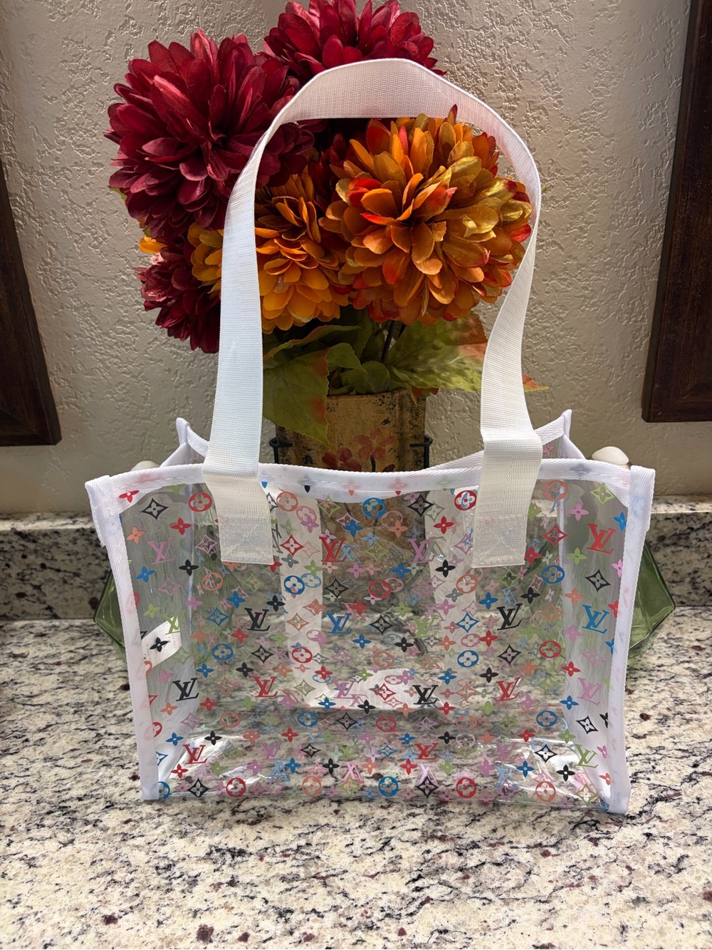 Clear Tote Bag with Multicolor Logo Print and White Handles